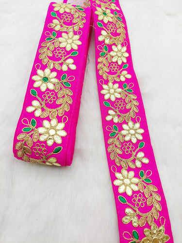 Fuchsia Pink Art Silk Fabric Trim, Green & Gold Floral Embroidery Gota Patti Indian Sari Border Trim By Yard Decorative Trim Craft Lace